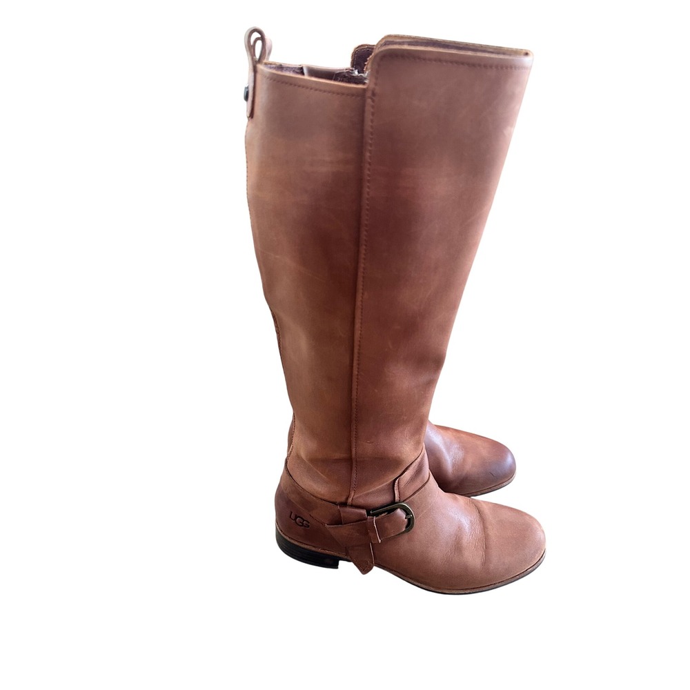 UGG Women's Brown Katelynn Leather Knee‎ High Riding Boots Buckle Side Zip 10 - Picture 4 of 8